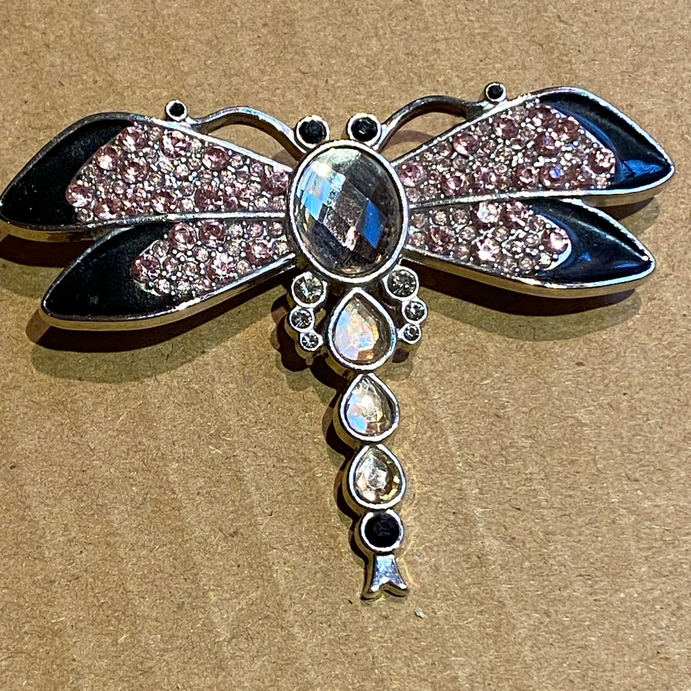 Lia Sophia silvertone dragonfly brooch with black enamel and pink, rhinestones.